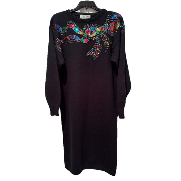 Vintage Plain Jane By Sweet Baby Jane M Black Sweater Dress Sequin Bow Holiday - Picture 1 of 5